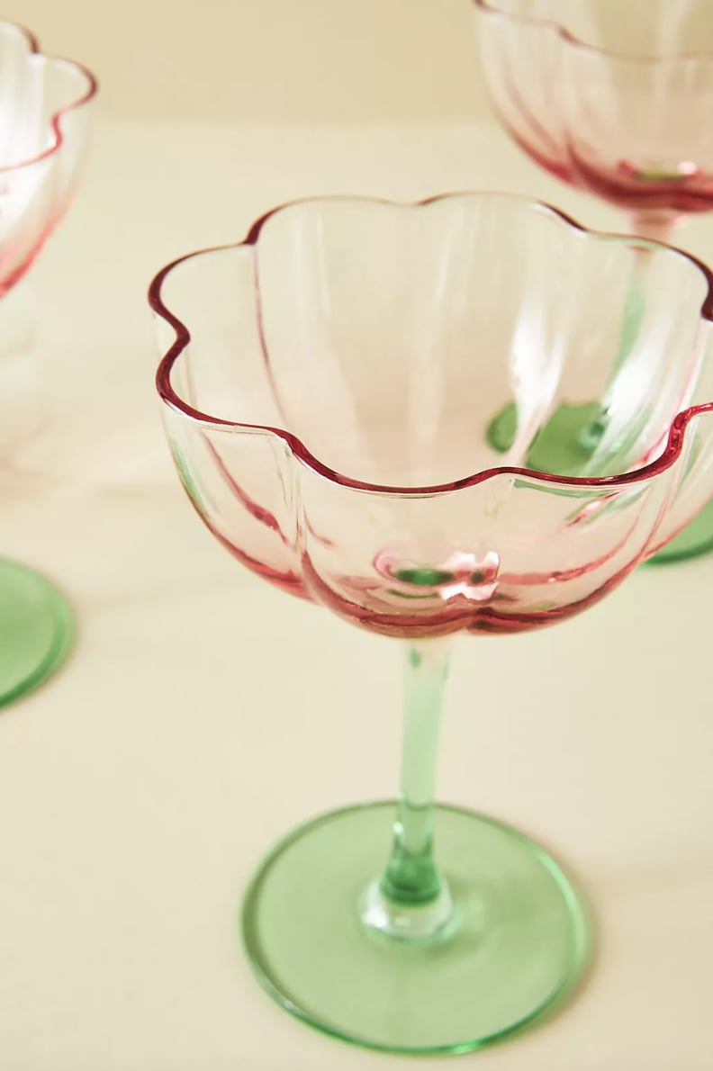 Champagne Flute Glasses With Pink Tulip Flower Design, Set of 12