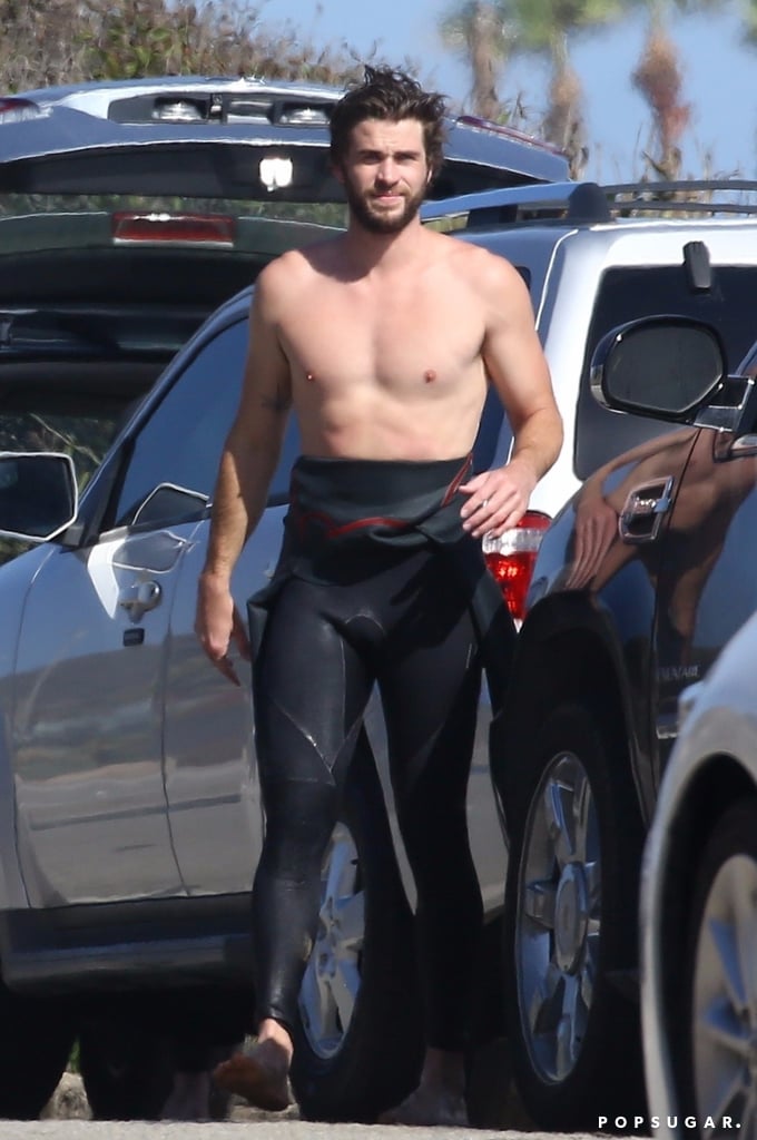 Liam Hemsworth Surfing Shirtless in Malibu June 2018