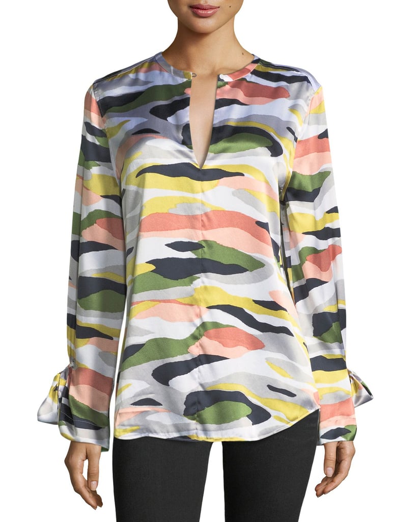 Equipment Camo-Print Tie-Sleeve Silk Satin Tunic