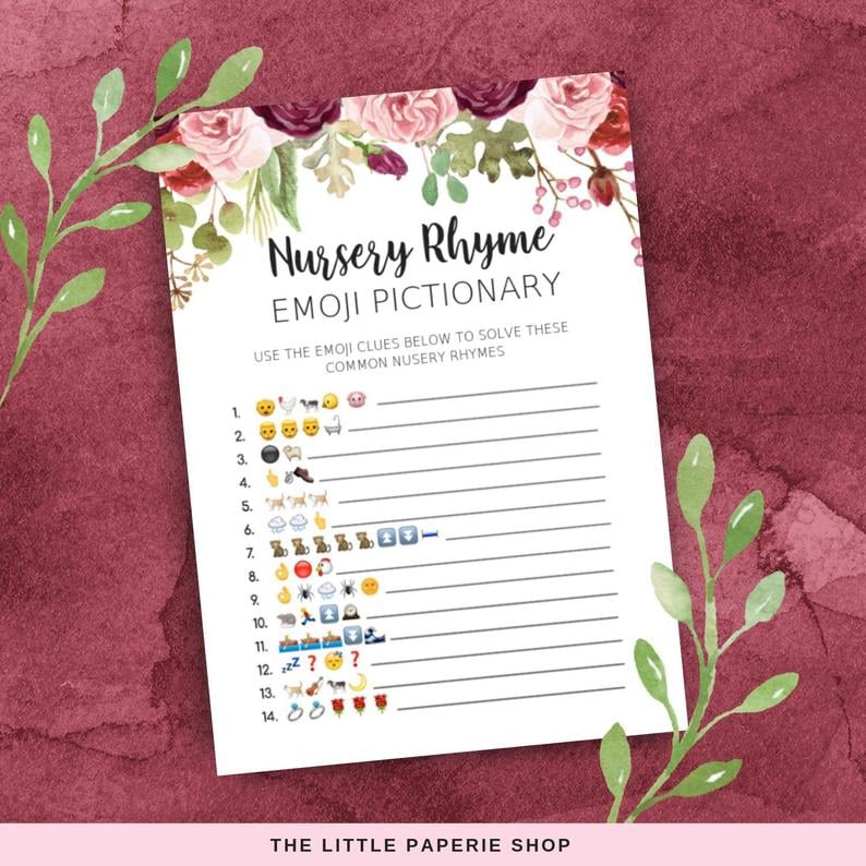 Emoji Nursery Rhyme Printable Quiz | Printable Baby Shower Games ...