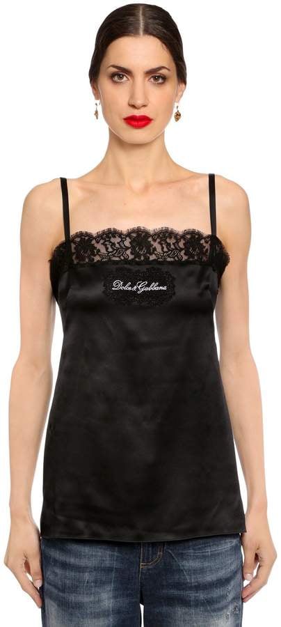 Dolce & Gabbana Lace Logo Silk Satin Tank Top