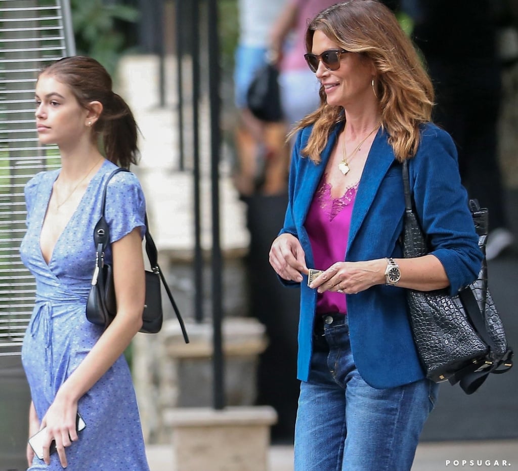 Kaia Gerber in Blue Wrap Dress With Cindy Crawford