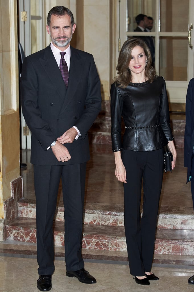 Queen Letizia's Uterqüe Leather Peplum Top November 2016