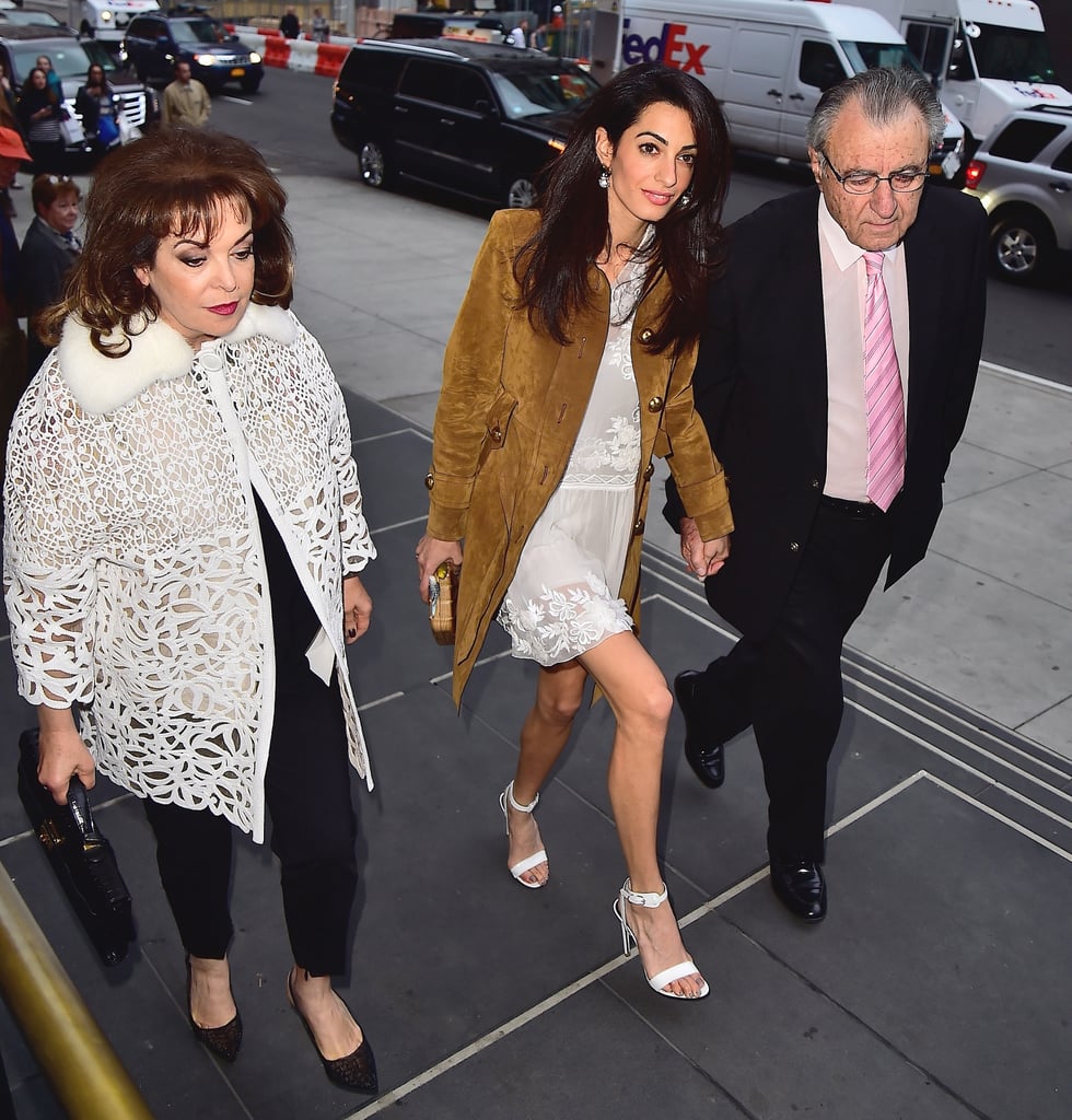 Amal Clooney Wearing a Gucci Suede Coat 2015