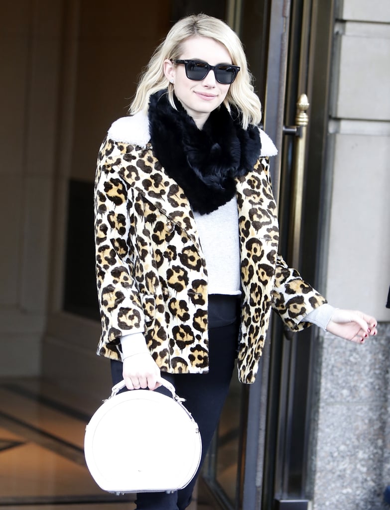 Emma Roberts Wearing a Leopard Coat