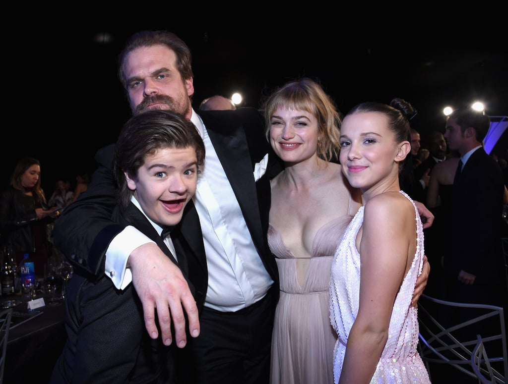 Pictured: Gaten Matarazzo, David Harbour, Alison Sudol, and Millie Bobby Brown