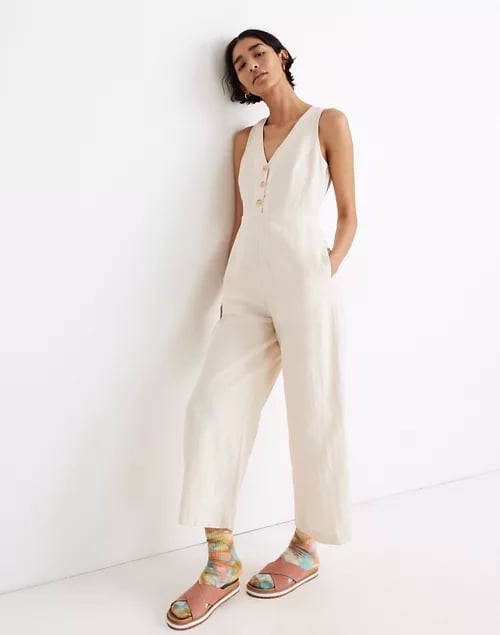 Linen-Blend Sleeveless Button-Front Jumpsuit