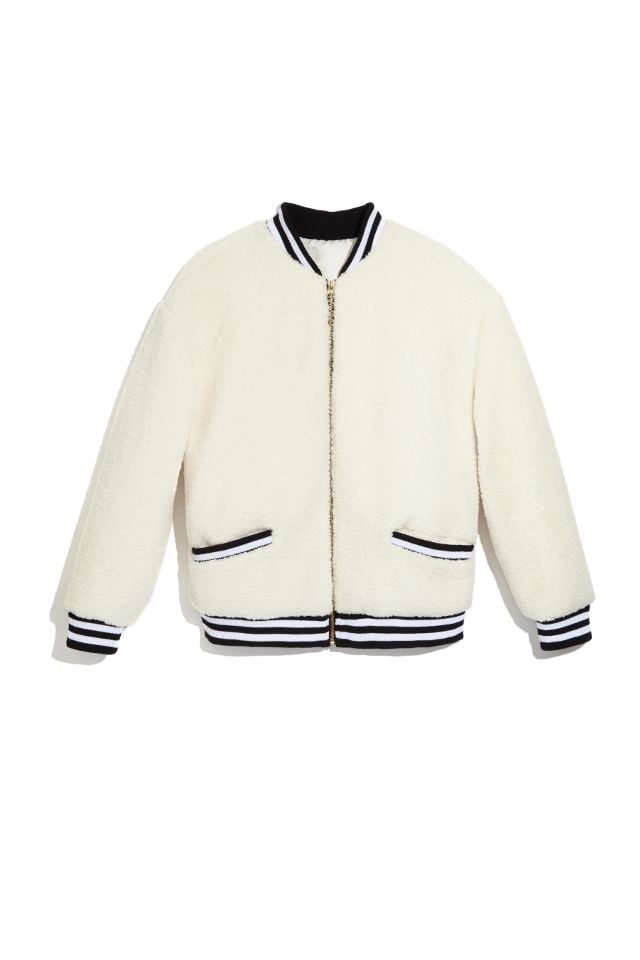 Scripted Faux Shearling Varsity Jacket