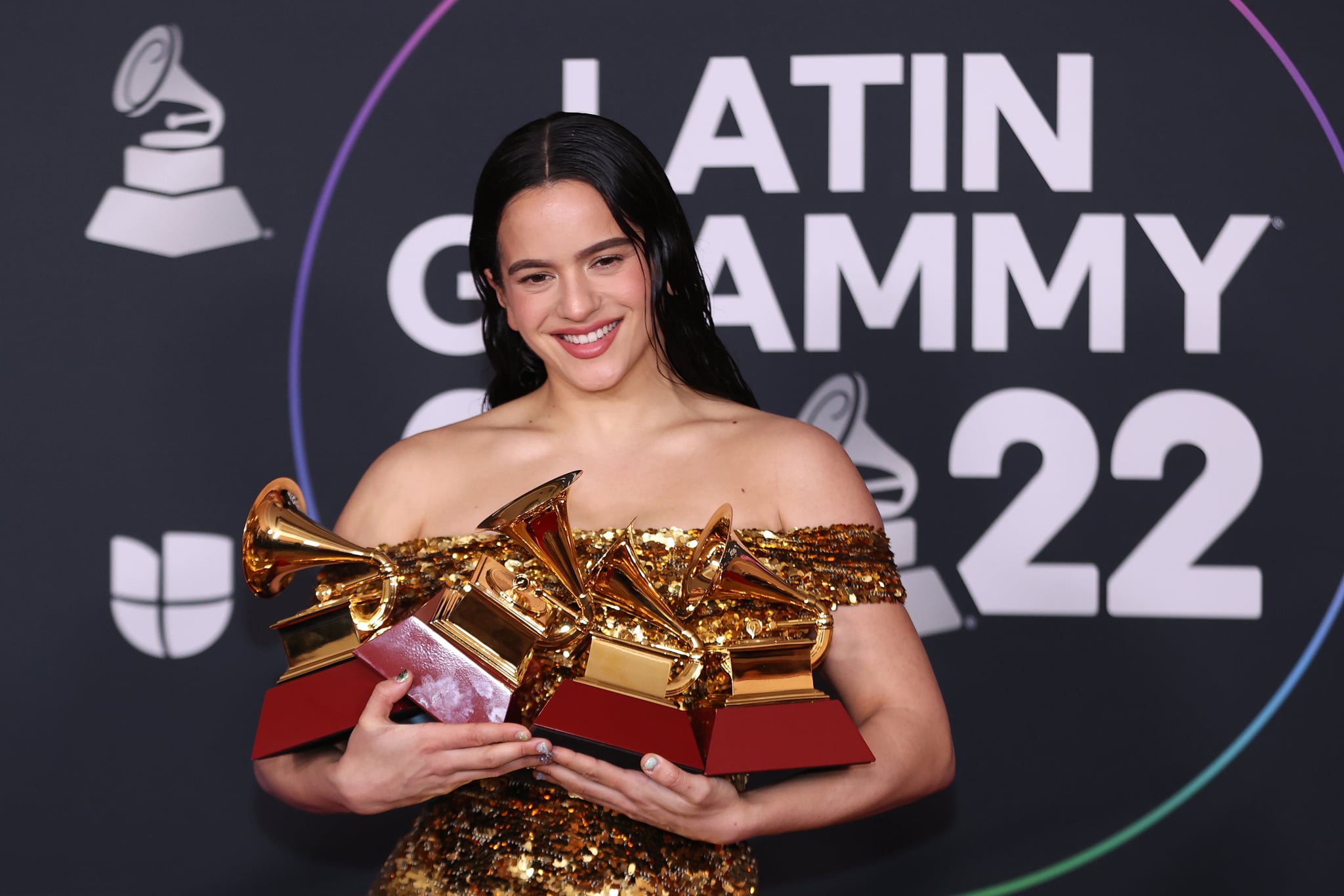 LAS VEGAS, NV - NOVEMBER 17: Rosalía poses with the awards for Best Recording Package, Album of the Year, and Best Alternative Music Album in the media center for The 23rd Annual Latin Grammy Awards at the Mandalay Bay Events Center on November 17, 2022 in Las Vegas, Nevada. (Photo by Omar Vega/FilmMagic)