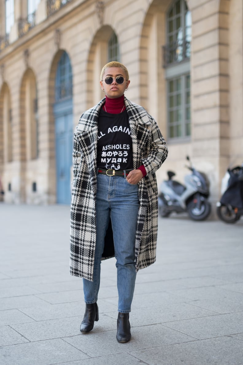 A Plaid Coat, Statement Tee, Jeans, and Black Boots