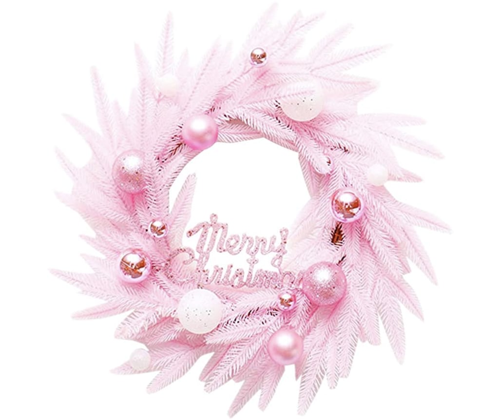 Rexinte Pink Christmas Wreath with Ornament Balls & Merry Christmas Sign