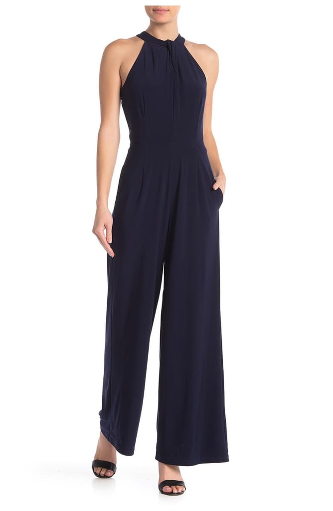 A Jumpsuit With Pockets: Nina Leonard Twist Halter ITY Knit Jumpsuit