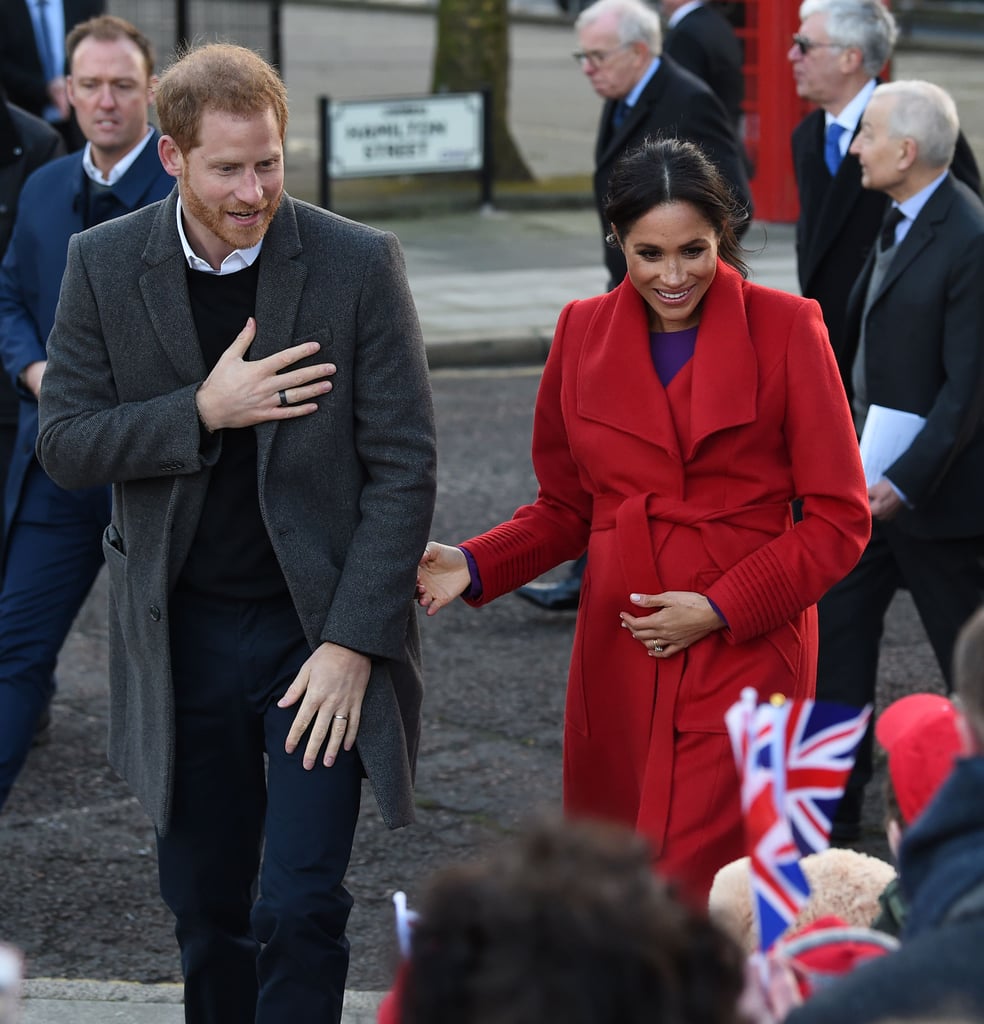 Meghan Markle Red and Purple Outfit Birkenhead January 2018