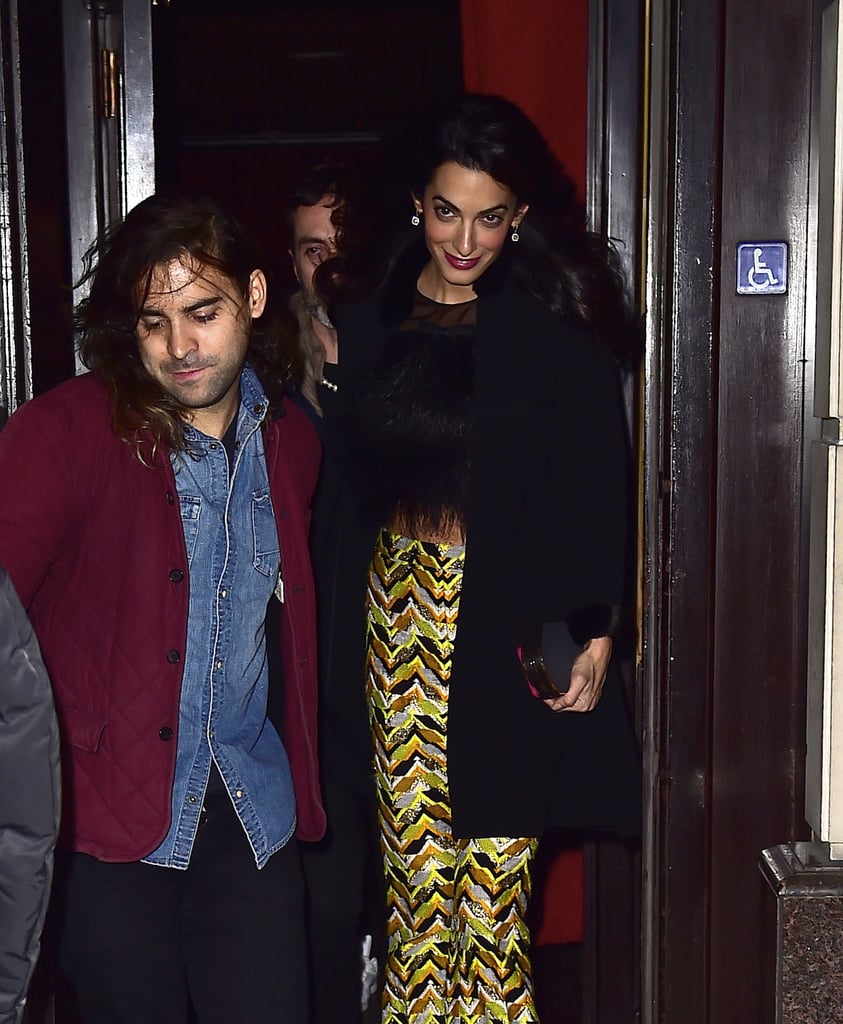 Amal's diamond drop earrings were an elegant touch to her funky '70s-inspired outfit.