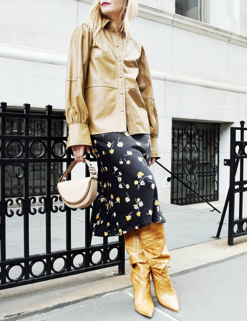 Easy Outfits: A Floral-Print Slip Skirt, Leather Shirt, Boots, and a Bag