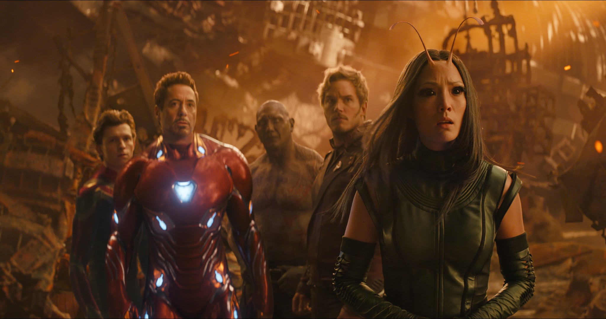 Marvel Studios' AVENGERS: INFINITY WAR..L to R: Spider-Man/Peter Parker (Tom Holland), Iron Man/Tony Stark (Robert Downey Jr.), Drax (Dave Bautista), Star-Lord/Peter Quill (Chris Pratt) and Mantis (Pom Klementieff)..Photo: Film Frame..©Marvel Studios 2018