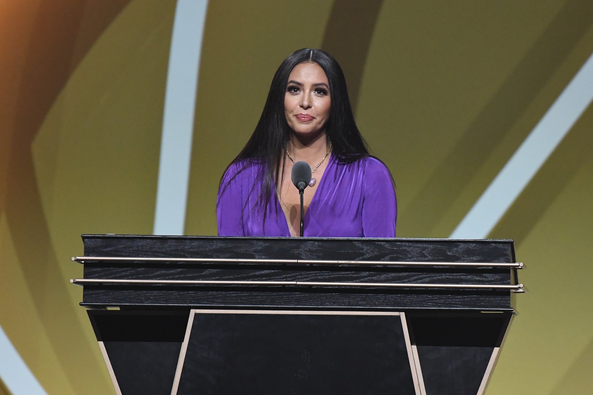 UNCASVILLE, CT - MAY 15: Enshrinee Vanessa Bryant addresses the guests during the 2020 Basketball Hall of Fame Enshrinement Ceremony on May 15, 2021 at the Mohegan Sun Arena at Mohegan Sun in Uncasville, Connecticut. NOTE TO USER: User expressly acknowledges and agrees that, by downloading and/or using this photograph, user is consenting to the terms and conditions of the Getty Images Licence Agreement.  Mandatory Copyright Notice: Copyright 2021 NBAE (Photo by Andrew D. Bernstein/NBAE via Getty Images)