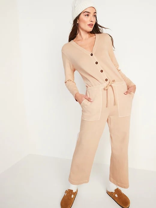 Old Navy Long-Sleeve Cropped French-Terry Utility Jumpsuit in Moonsand