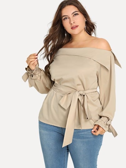 Shein Plus Fold Over Oblique Shoulder Knot Blouse