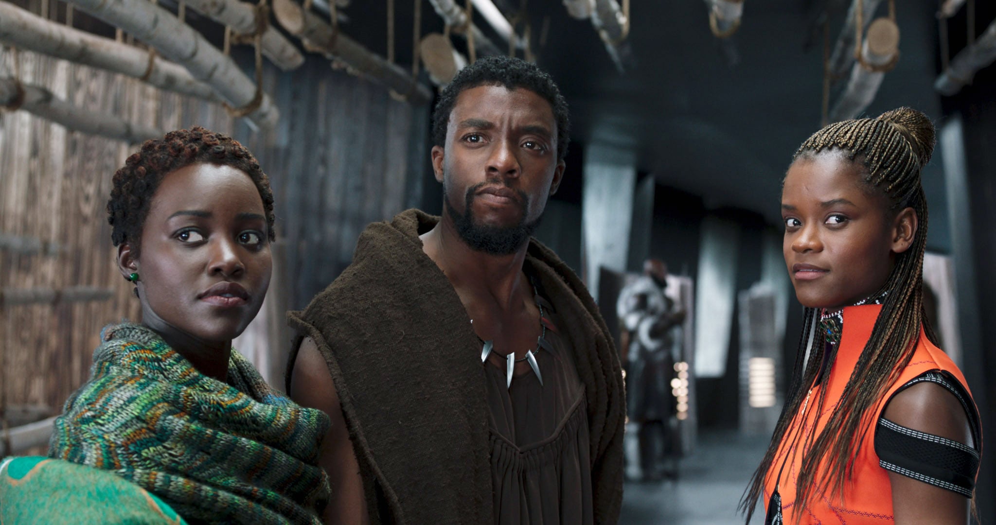 BLACK PANTHER, from left:  Lupita Nyongo, Chadwick Boseman, Letitia Wright, 2018.  Marvel /  Walt Disney Studios Motion Pictures /Courtesy Everett Collection