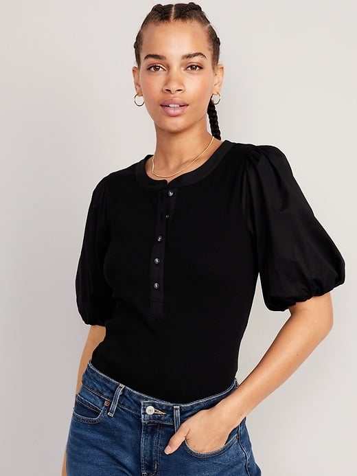 Old Navy Fitted Puff-Sleeve Henley T-Shirt
