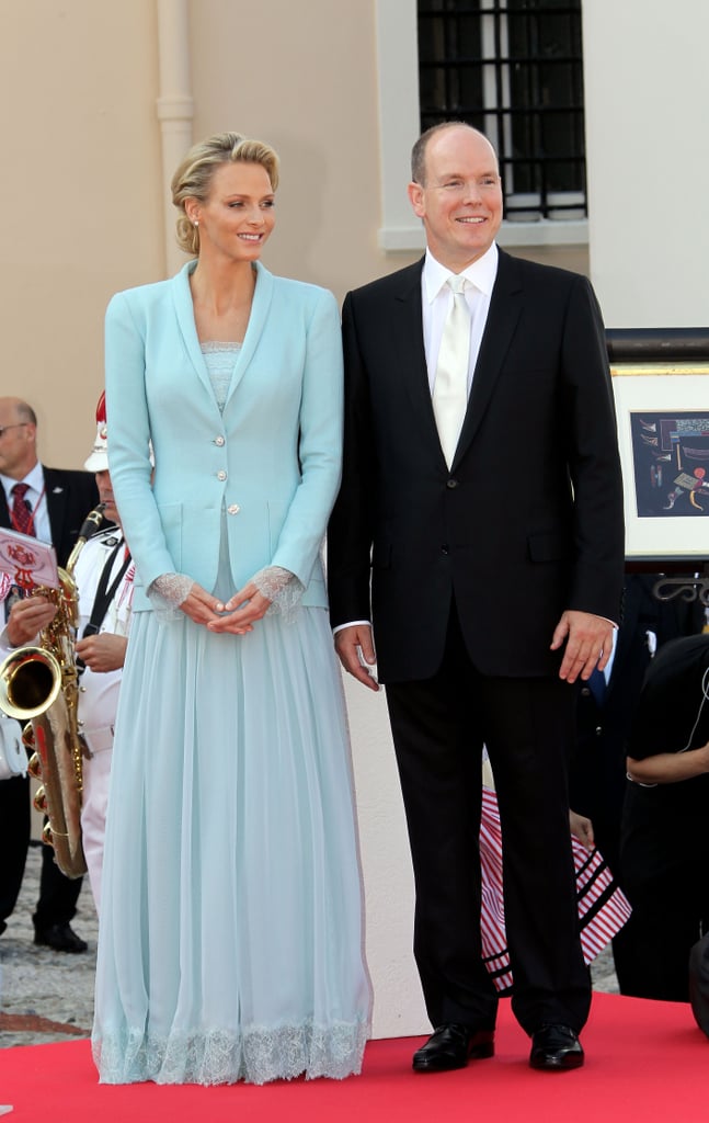 Charlene kept the accessories simple with no veil or hat for the ceremony, which took place in the Throne Room of the Prince's Palace in Monaco. The next day, the new princess was all in white as she wore full-length Armani for her religious wedding.