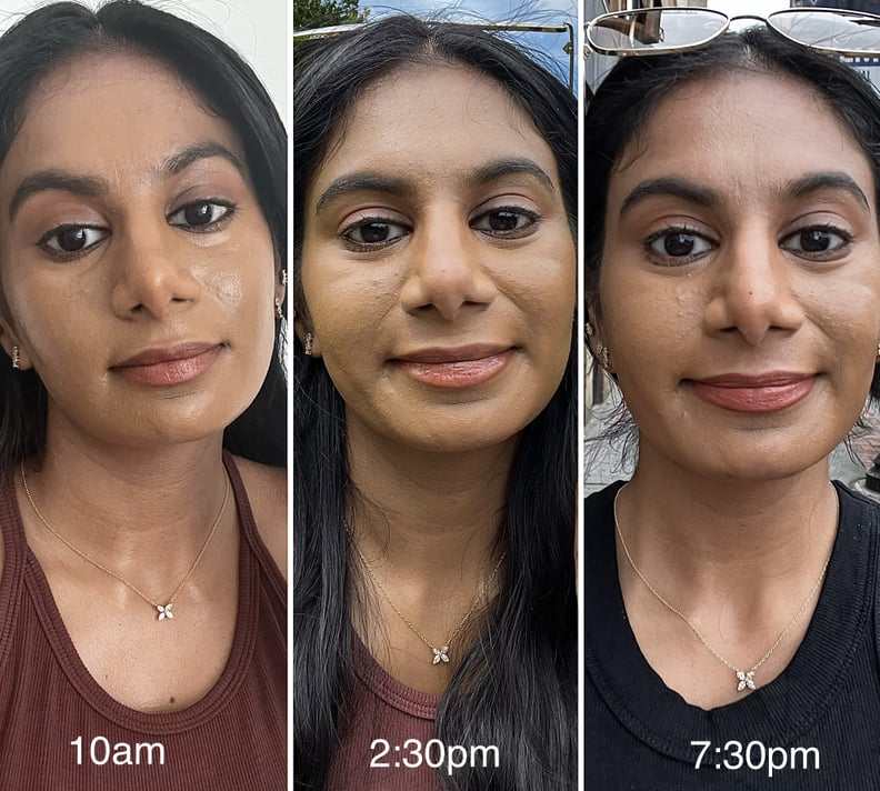 Woman showing the long-lasting effects of the the MAC Cosmetics Fix+ Stay Over Alcohol-Free 16HR Setting Spray through selfies of makeup progression pictures. The right picture was taken at 10am, the middle picture was taken at 2:30pm, the left picture wa