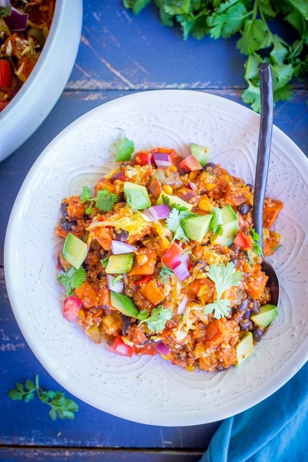 Sweet Potato, Quinoa, and Veggie Enchilada Bake