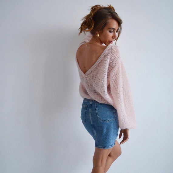 Open Mind Style Pink Mohair V-Neck Sweater
