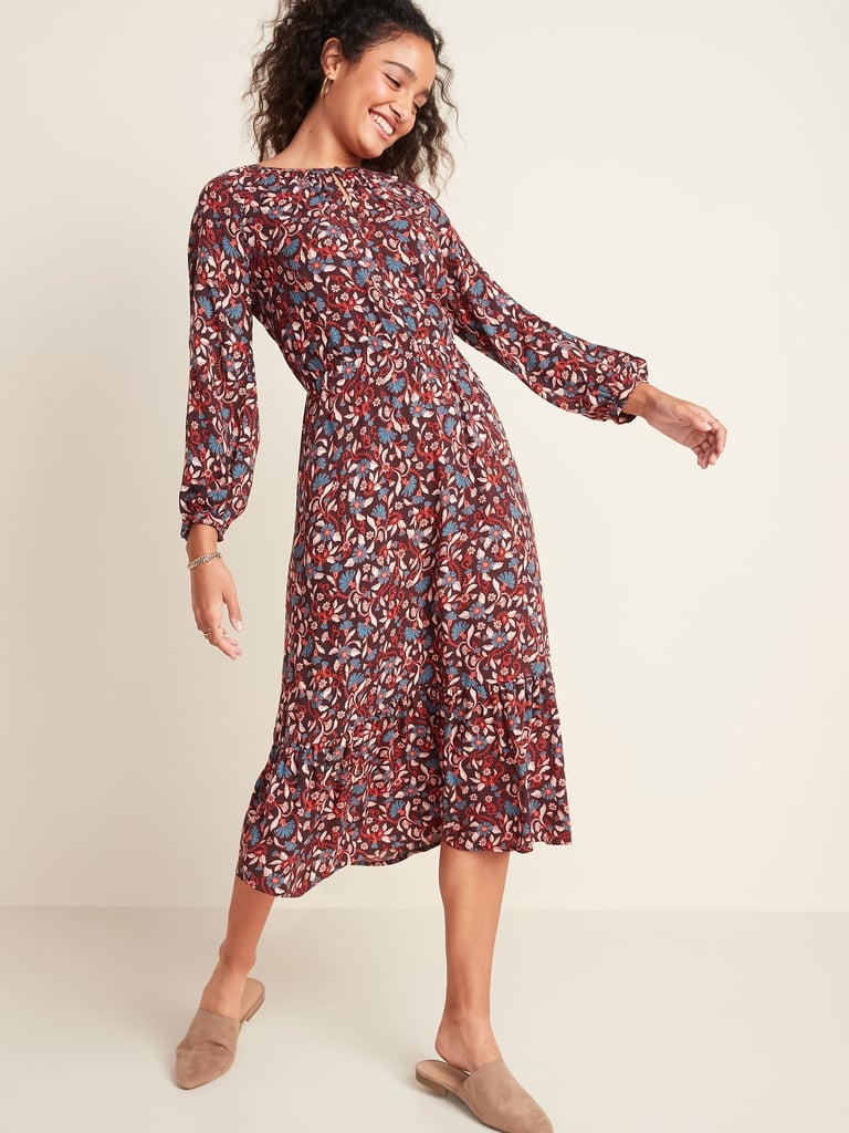 Floral-Print Waist-Defined Midi Dress