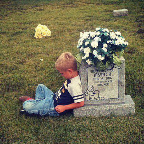 Boy Visiting His Twin's Grave to Talk About Kindergarten
