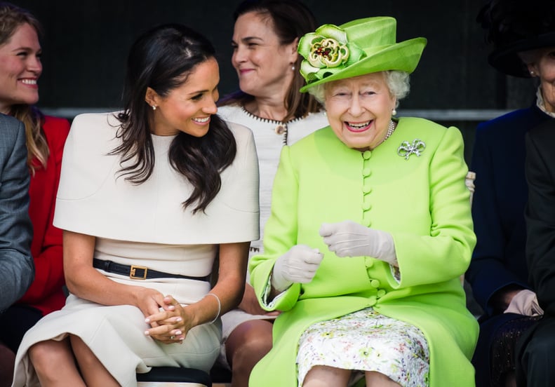 Queen Elizabeth II with Meghan, Duchess of Sussex, at Mersey Gateway Bridge in 2018.