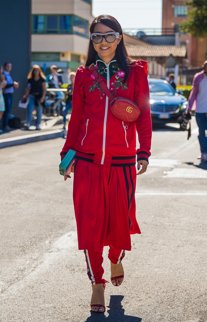 Wear pants under your skirt to bring in just one more element of red.