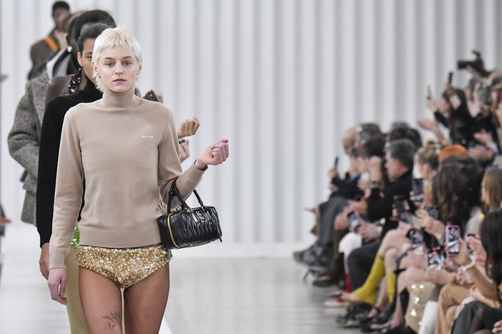 Emma Corrin Walks the Miu Miu Runway in Sequin Knickers