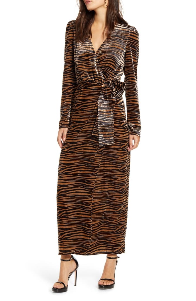 WAYF Arlene Tiger Print Long0Sleeve Wrap Velvet Maxi Dress