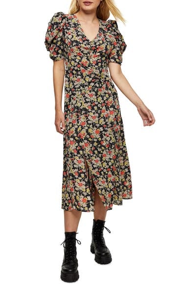 Topshop Grunge Floral Print Midi A-Line Dress
