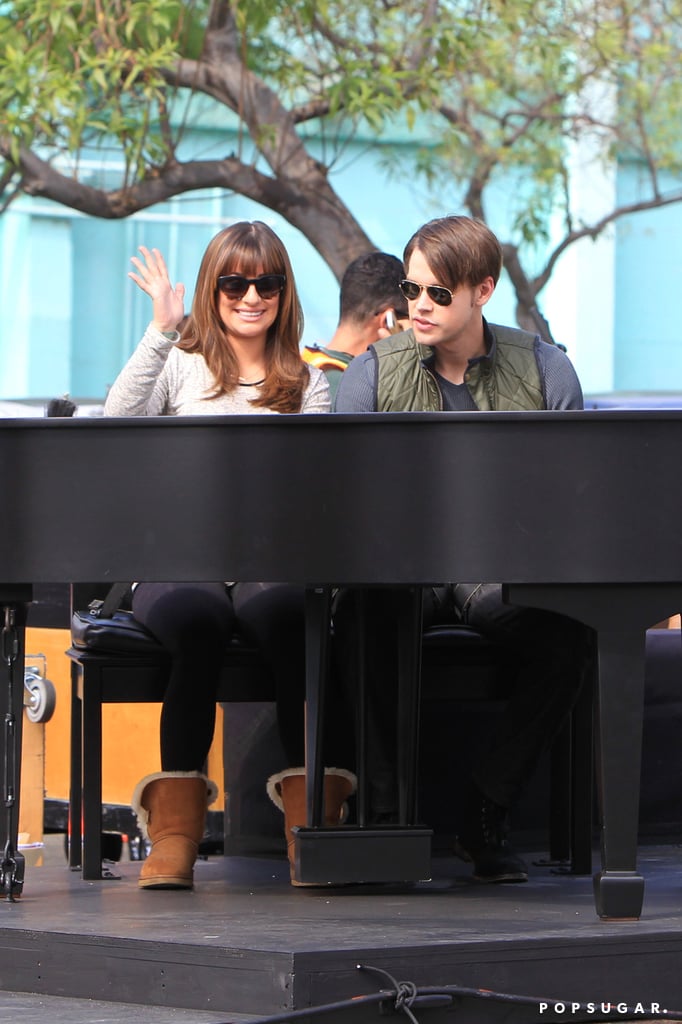 Lea Michele and Chord Overstreet rocked out on the LA set of Glee on  Monday.