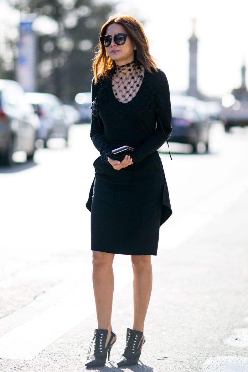 Make all black anything but boring with an intriguing neckline and great heels.