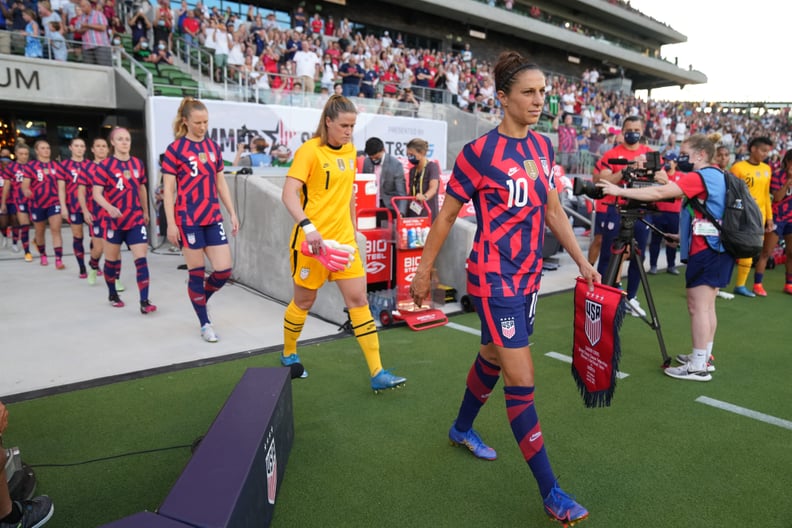 AUSTIN, TX - JUNE 16: Carli Lloyd #10 of the United States receiving her award for 300 career caps during a game between Nigeria and USWNT at Q2 Stadium on June 16, 2021 in Austin, Texas. (Photo by Brad Smith/ISI Photos/Getty Images)