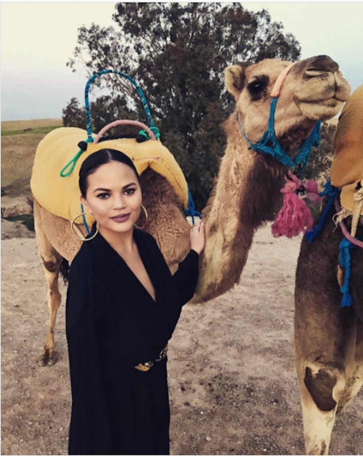 Chrissy Teigen In Black Jumpsuit In Morocco March 2017 Popsugar Fashion