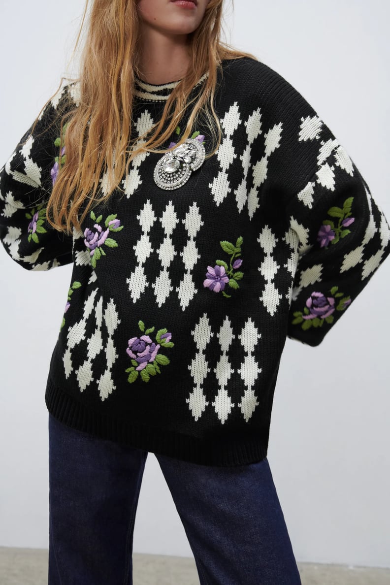 A Compliment-Worthy Top: Embroidered Jacquard Knit Sweater