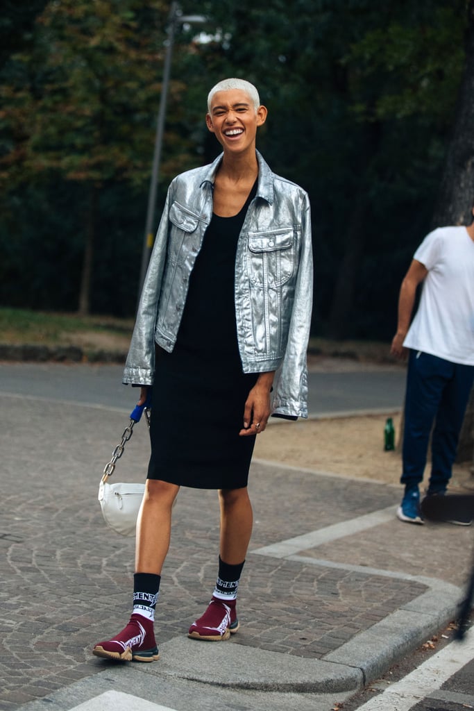 Sneakers work wonders dressing down an otherwise festive look, like this black velvet dress you just danced the night away while wearing.