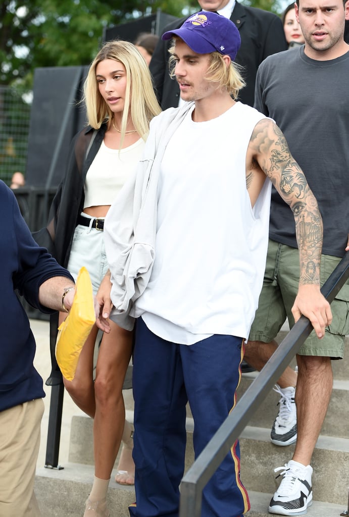 Hailey Baldwin in Shorts and Sheer Shirt With Justin Bieber