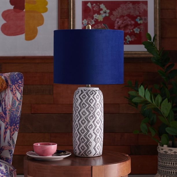 Zig Zag Table Lamp With Grecian Blue Velvet Shade by Drew Barrymore Flower Home