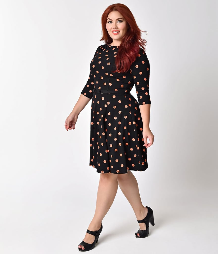 Unique Vintage Plus Size Black and Orange Pumpkin Patch Stephanie Flare Dress