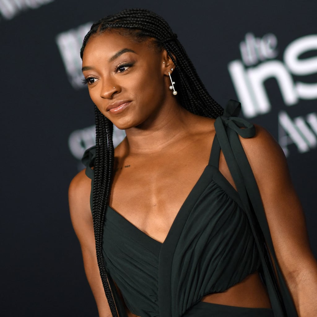 Simone Biles's Christmas Minidress Has Dramatic Off-the-Shoulder Sleeves