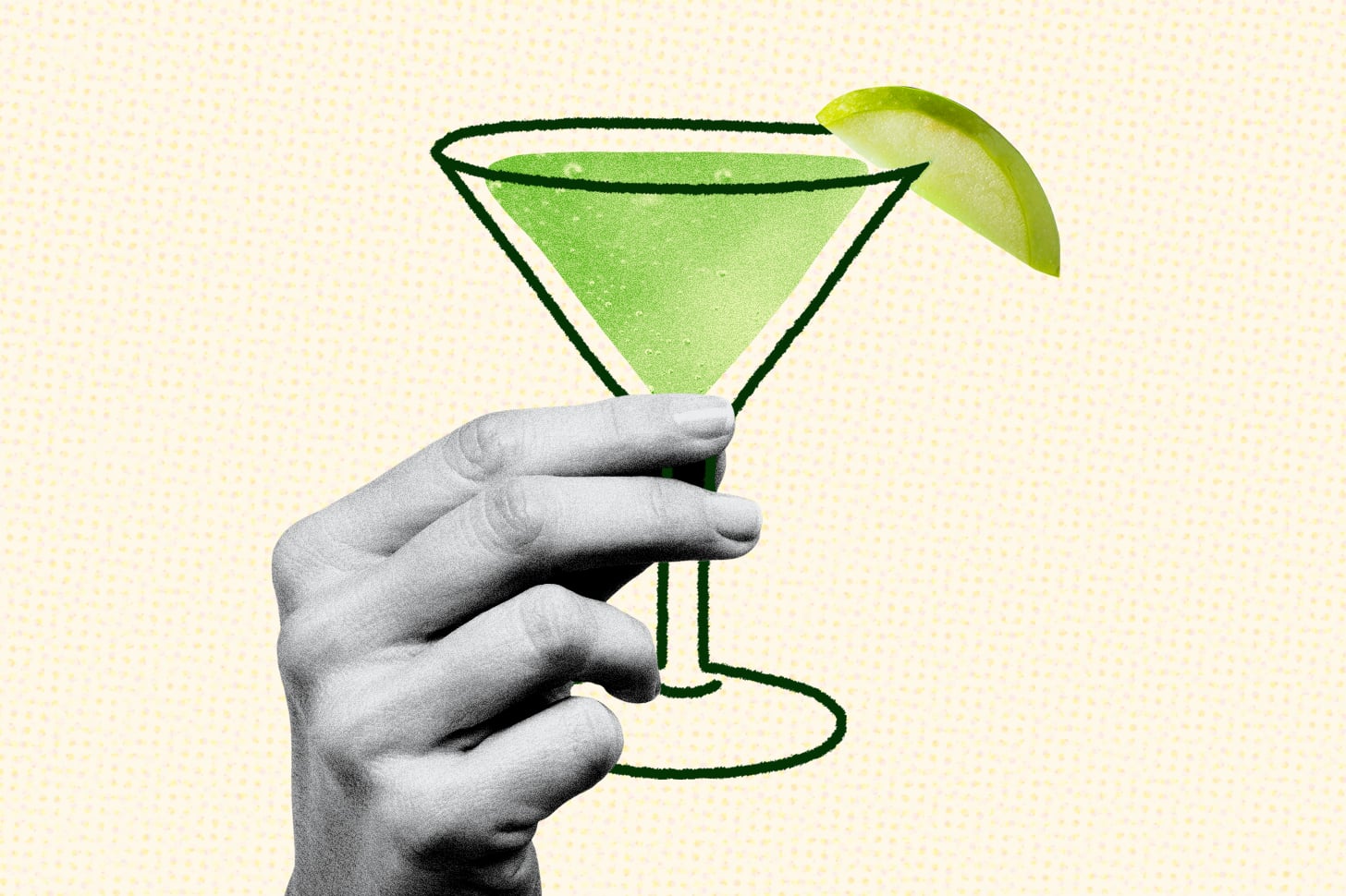 hand holding an illustration of a green appletini cocktail