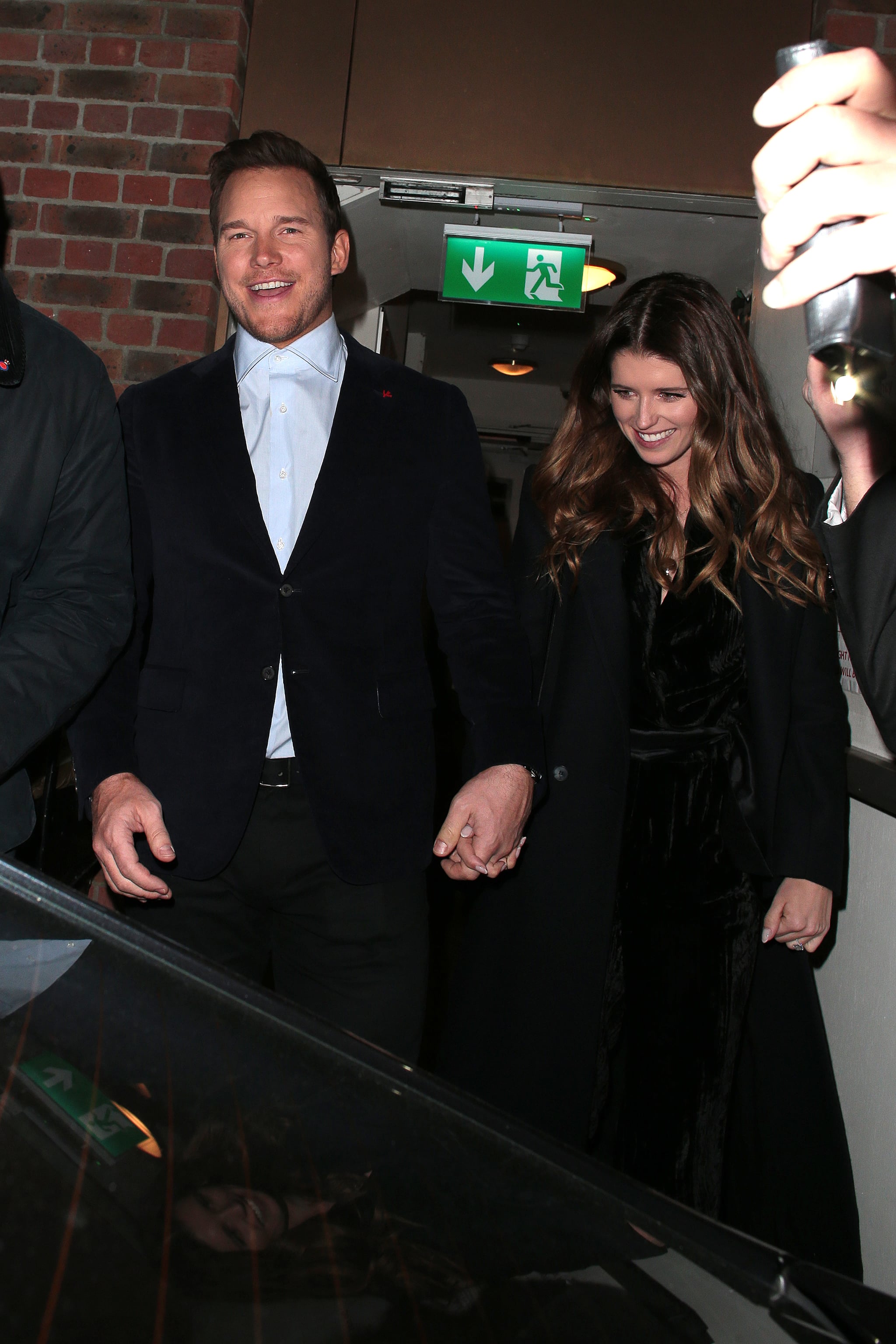 LONDON, ENGLAND - JANUARY 30:  Chris Pratt and Katherine Schwarzenegger seen on a night out leaving Soho House on January 30, 2019 in London, England. (Photo by Ricky Vigil M/GC Images)