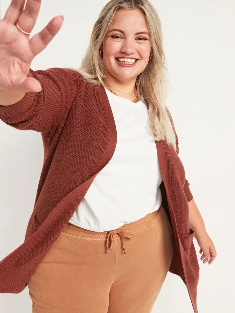 A Cuddly Cardigan: Textured Shaker-Stitch Long-Line Open-Front Sweater