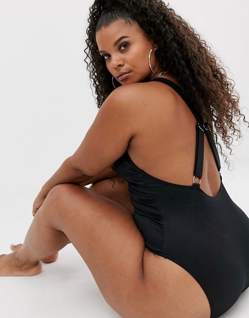 South Beach Curve Exclusive ribbed high leg swimsuit in black